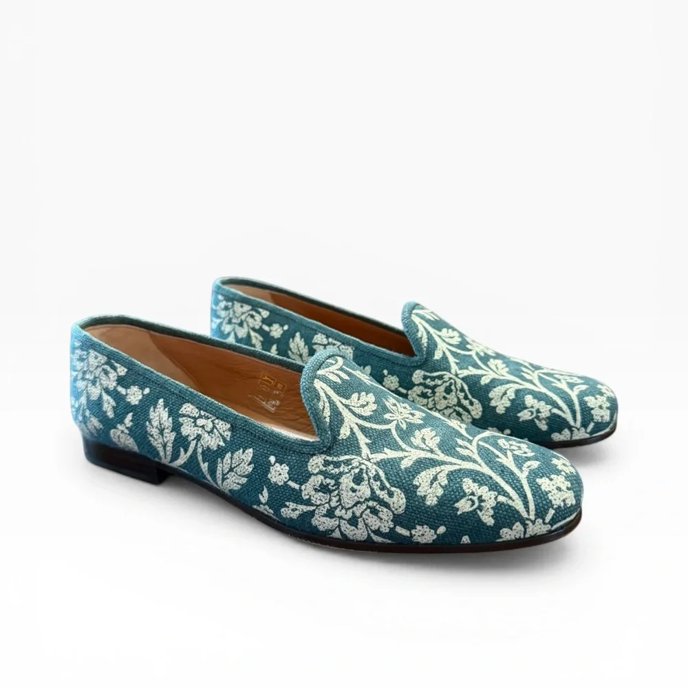 Stubbs & Wootton x Gracie Studio Green Floral Leaf Canvas Loafers Size 10